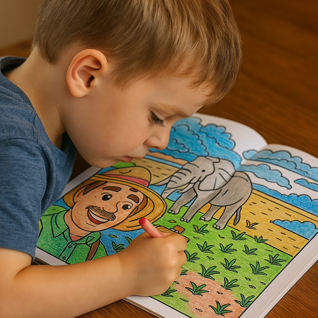 Bambino che colora felicemente un disegno personalizzato creato da una foto